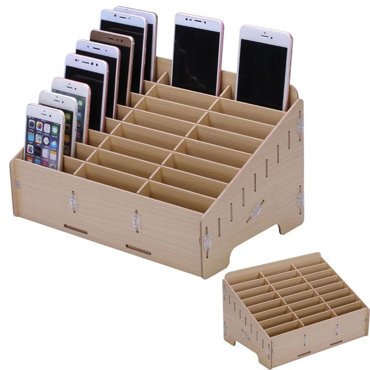 24 compartment wooden storage box designed for organizing mobile phones and small tools. 
