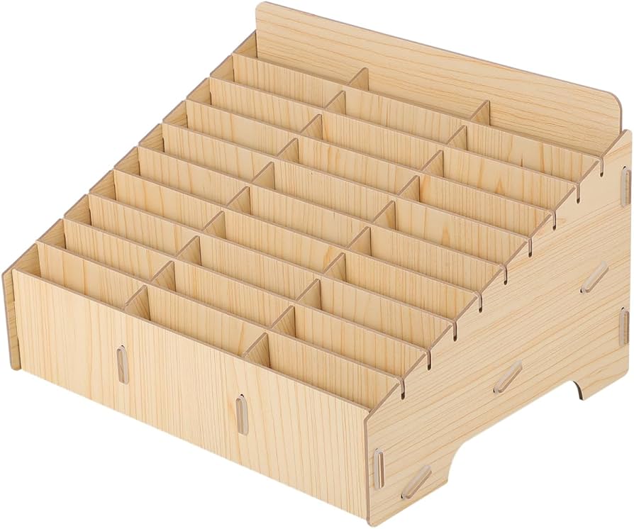 36 compartment wooden storage box designed for organizing mobile phones and small tools. 