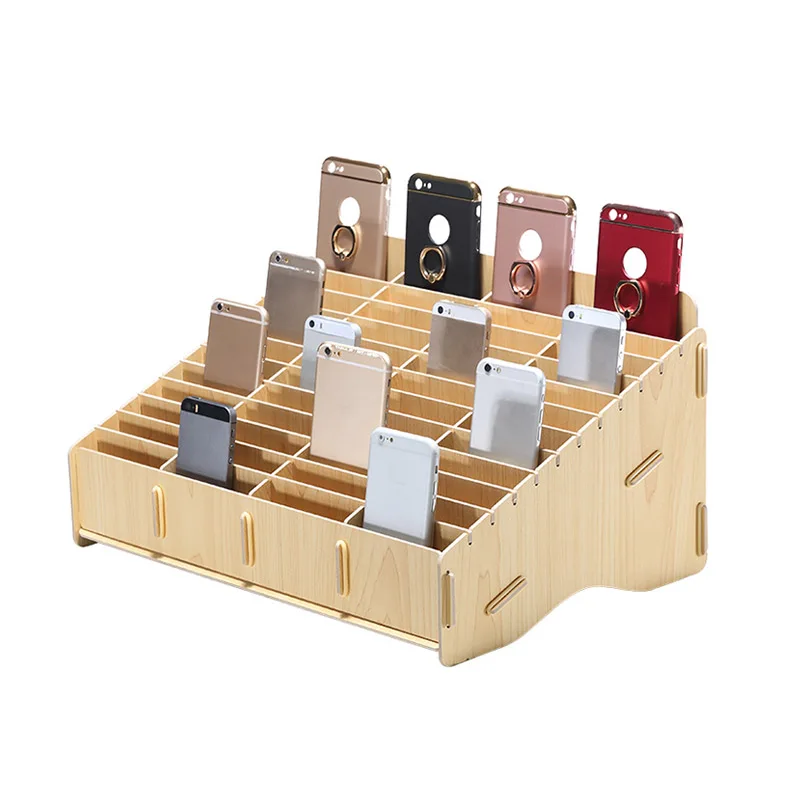 36 compartment wooden storage box designed for organizing mobile phones and small tools. 