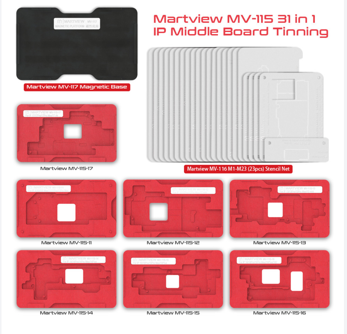 Martview MV-115 31 in 1 IP Middle Board Tinning BGA Reballing Platform Stencil Net Set for iPhone X to IP17 Pro Max