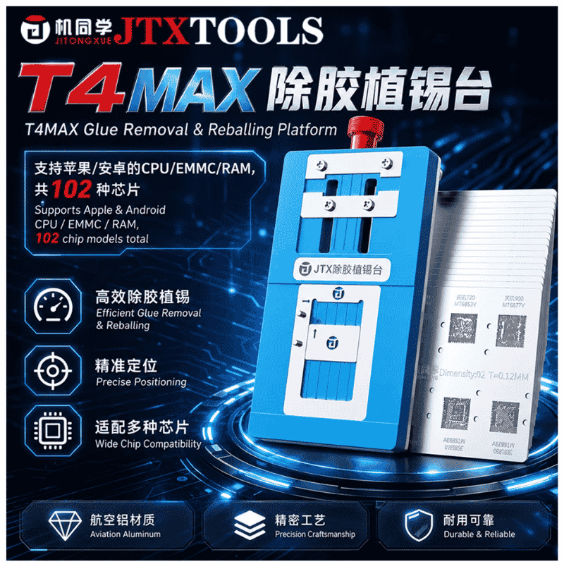 JTX T4 Max Universal Chips Glue Removal and Tin Planting Platform Set for iPhone / Samsung / Hisilicon / Android RAM