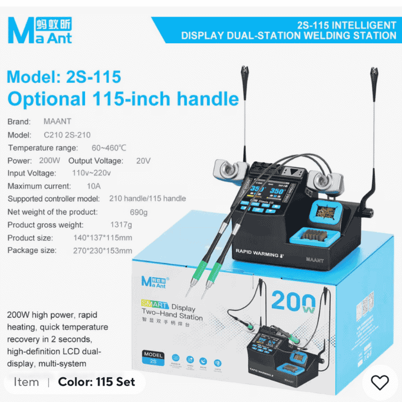 MaAnt 2S-115 Smart Display Soldering Station 200W Rapid Heating Dual Workstations for C210/C215/C115 Handles