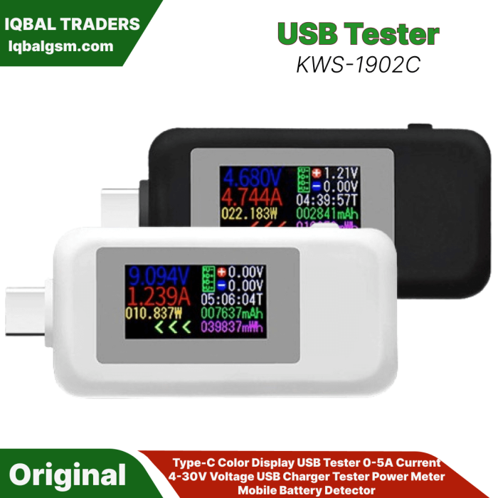 KWS-1902C Type-C Color Display USB Tester 0-5A Current 4-30V Voltage USB Charger Tester Power Meter Mobile Battery Detector
