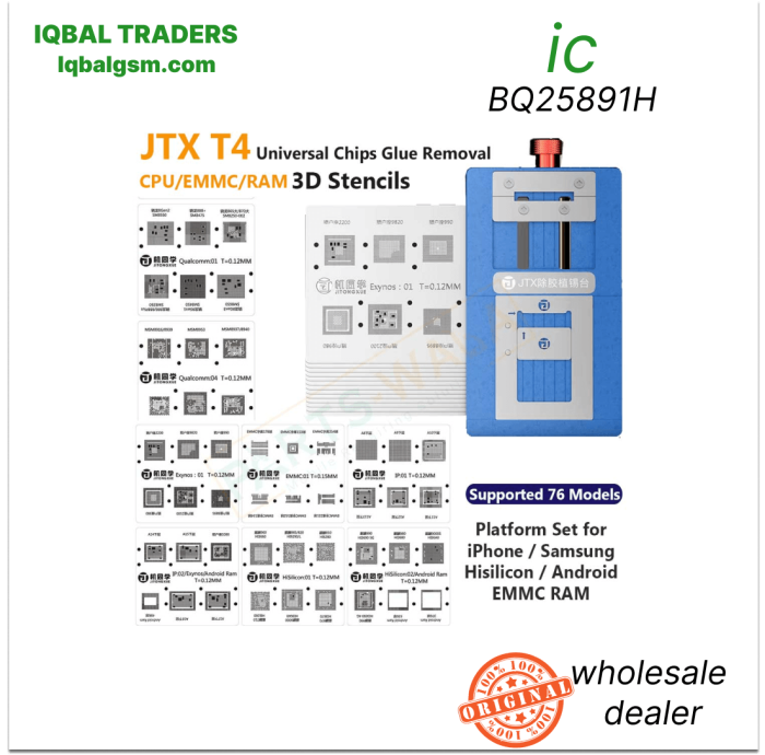 JTX T4 Universal Chips Glue Removal Platform Set with 3D stencils supported 76 models for Iphone Samsung EMMC RAM